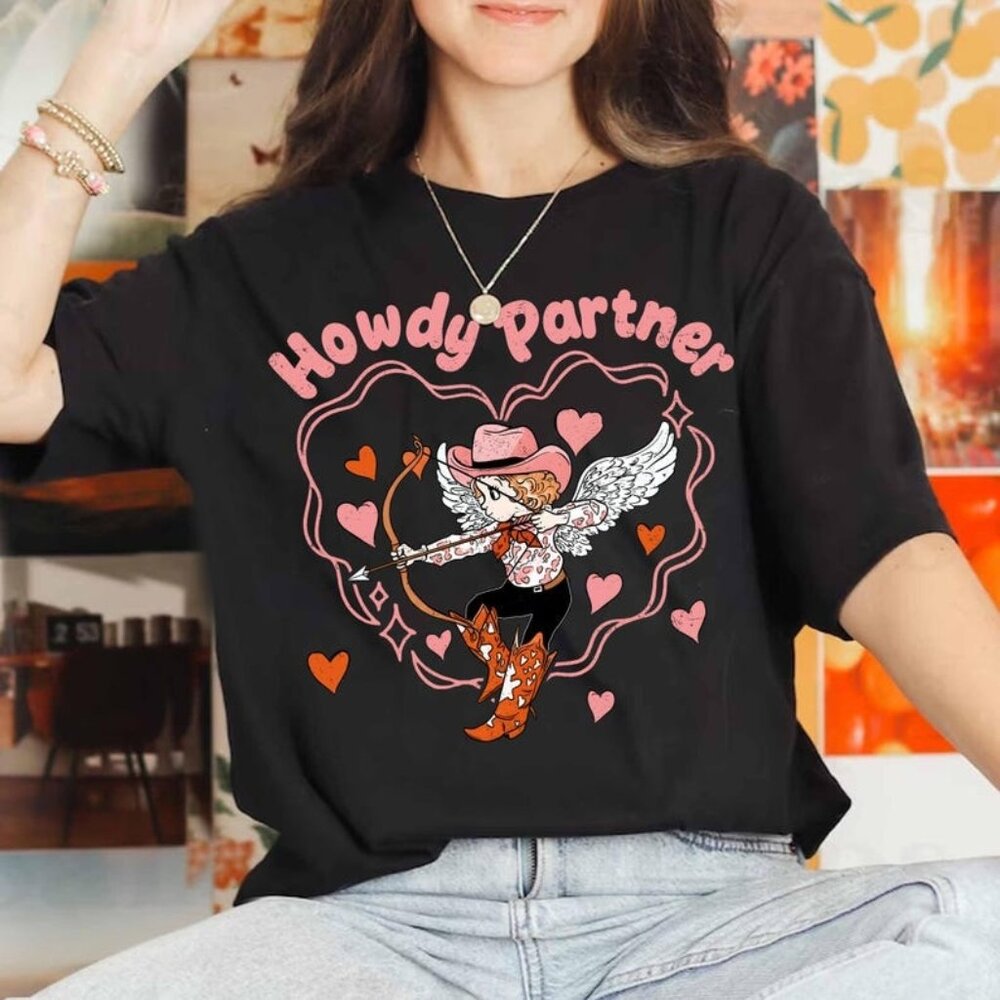 Howdy Partner Cupid T-Shirt, Retro Cowgirl Valentine Graphic Tee